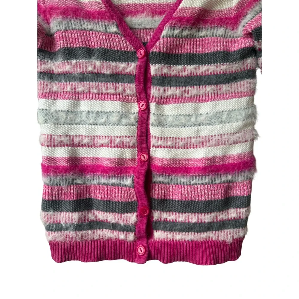Gymboree Girls‎ Striped Fuzzy Cardigan Sweater Size M 7/8 Pink Preppy Furry Cute